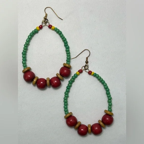 Handmade Wooden Beaded Hoops in Red, Gold, & Green - Picture 3 of 5